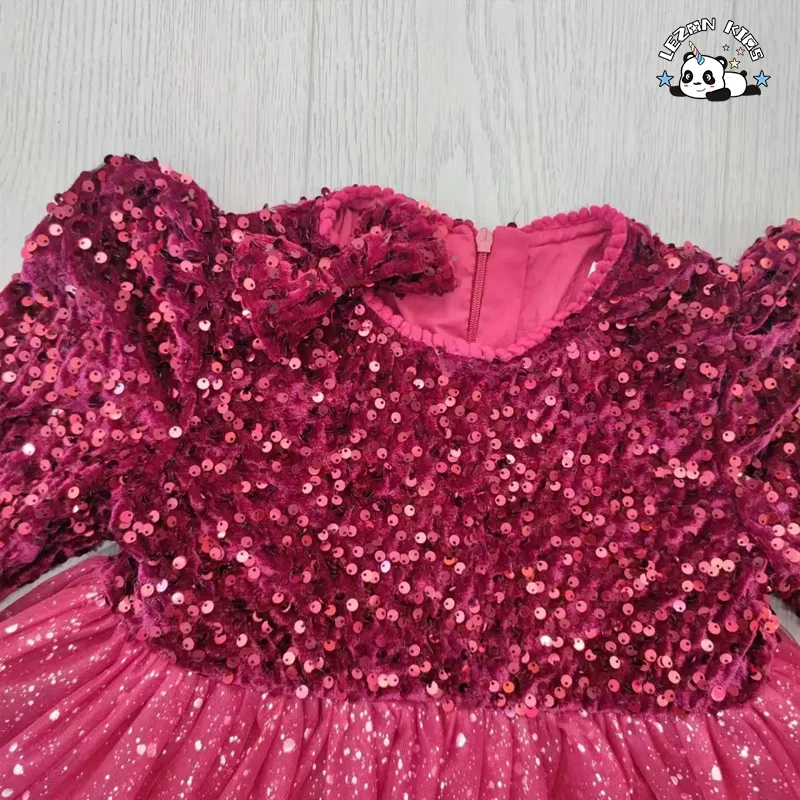 LEZONKIDS - Novo vestido de Natal para menina, vestido de princesa para festa, vestido de manga longa com lantejoulas para aniversário